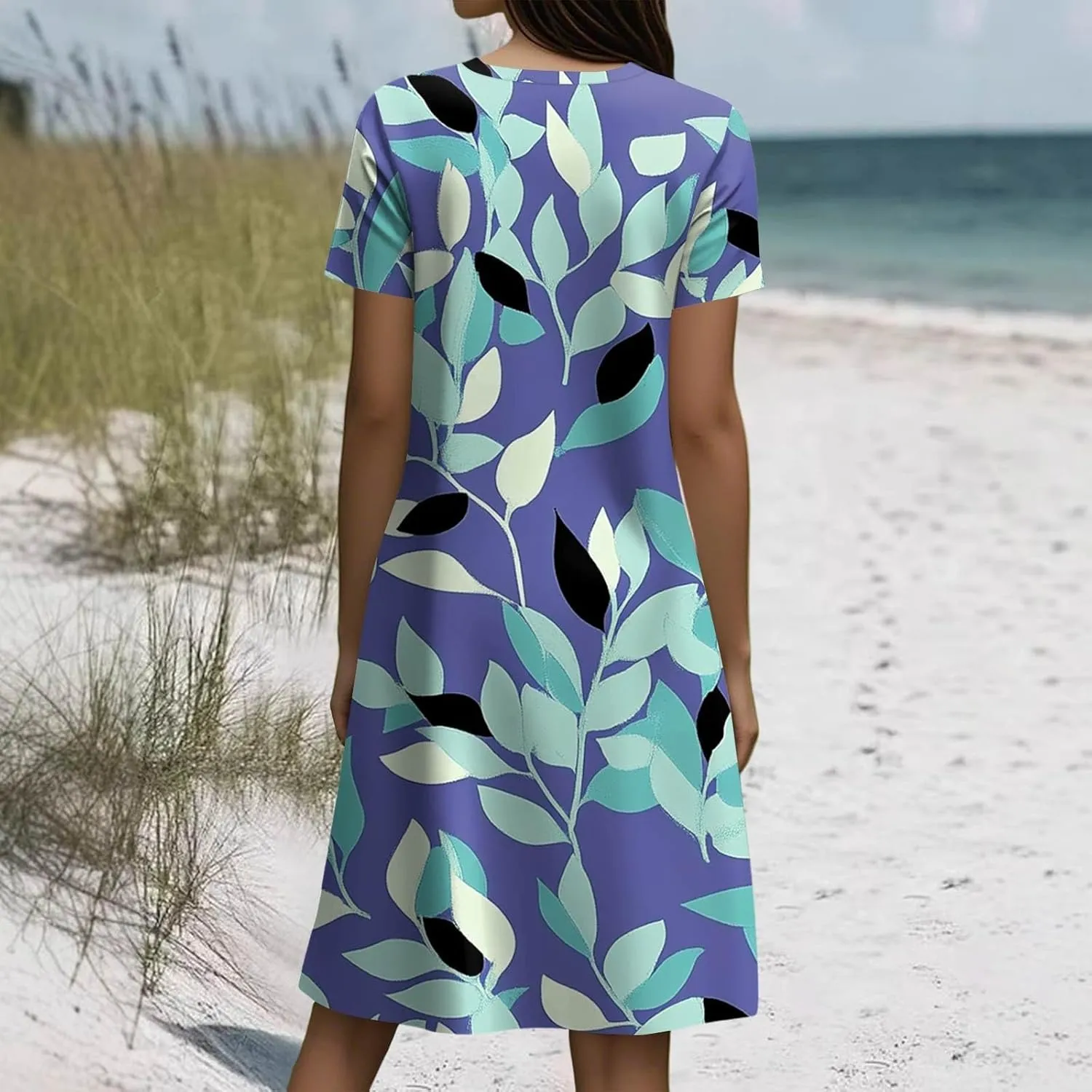 Women's Crew Neck Dresses Casual Sundress Beach Summer Short Sleeve Floral Knee Length A-Line with Pockets