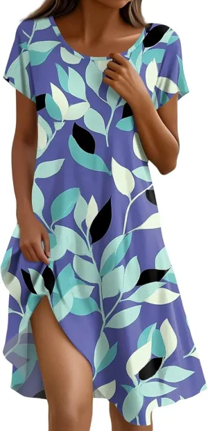 Women's Crew Neck Dresses Casual Sundress Beach Summer Short Sleeve Floral Knee Length A-Line with Pockets