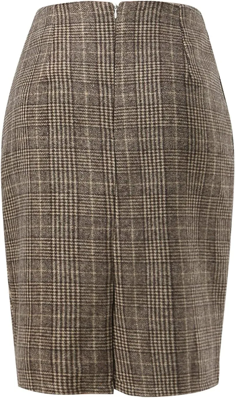 Women's Elegant High Waist Plaid Slit Brushed Wool Bodycon Pencil Midi Skirt