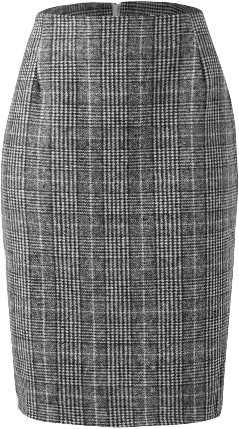 Women's Elegant High Waist Plaid Slit Brushed Wool Bodycon Pencil Midi Skirt