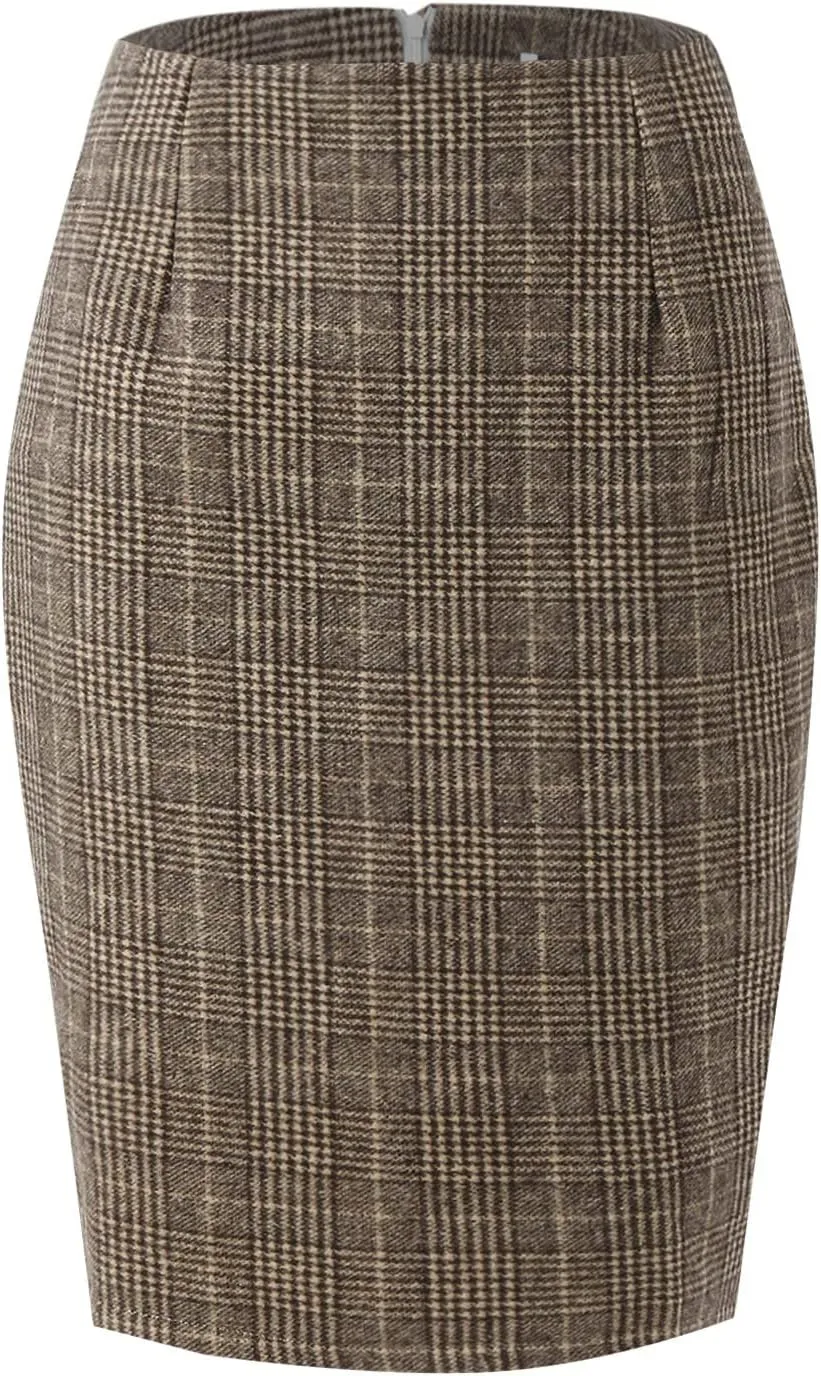 Women's Elegant High Waist Plaid Slit Brushed Wool Bodycon Pencil Midi Skirt
