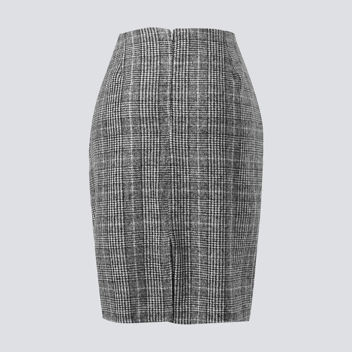 Women's Elegant High Waist Plaid Slit Brushed Wool Bodycon Pencil Midi Skirt