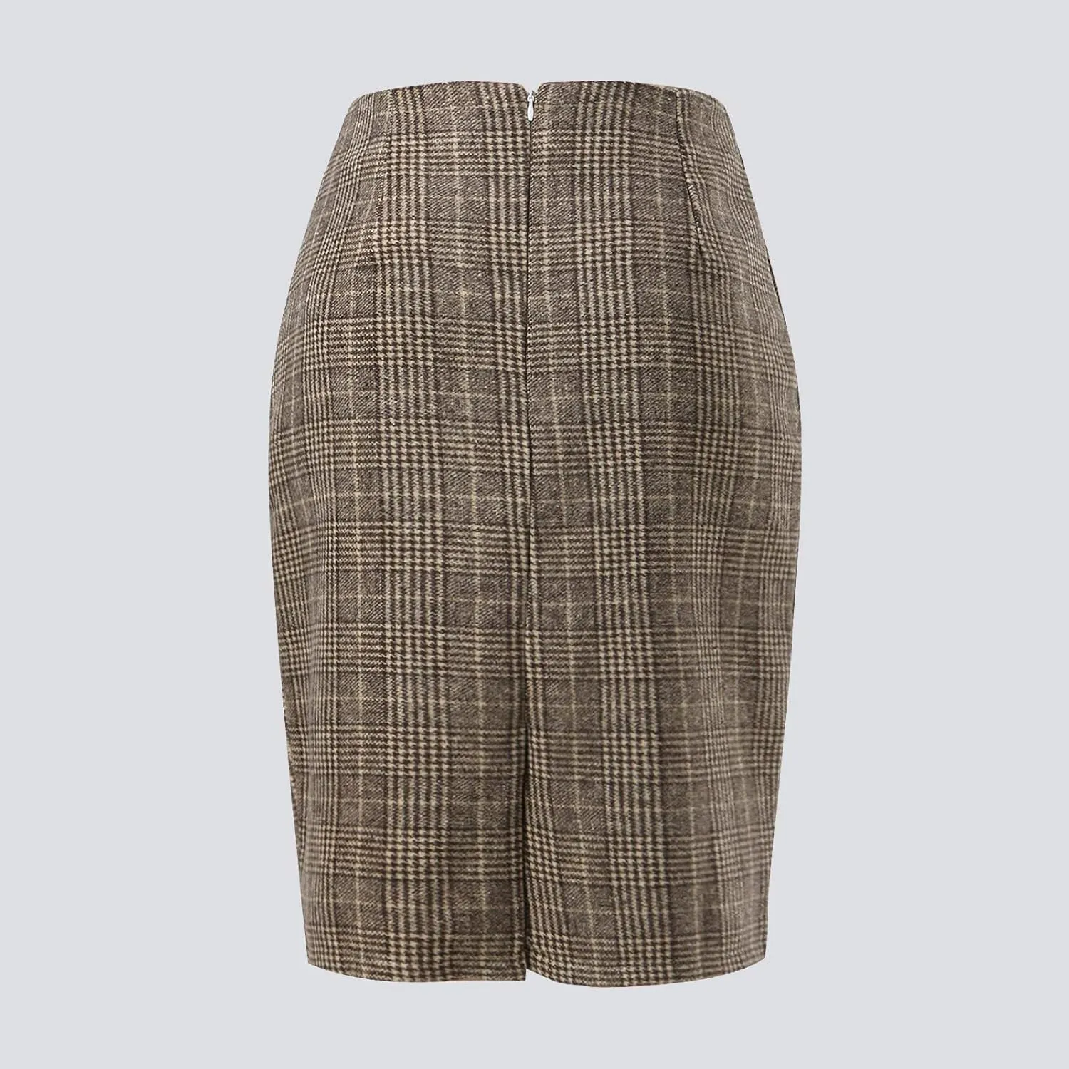 Women's Elegant High Waist Plaid Slit Brushed Wool Bodycon Pencil Midi Skirt