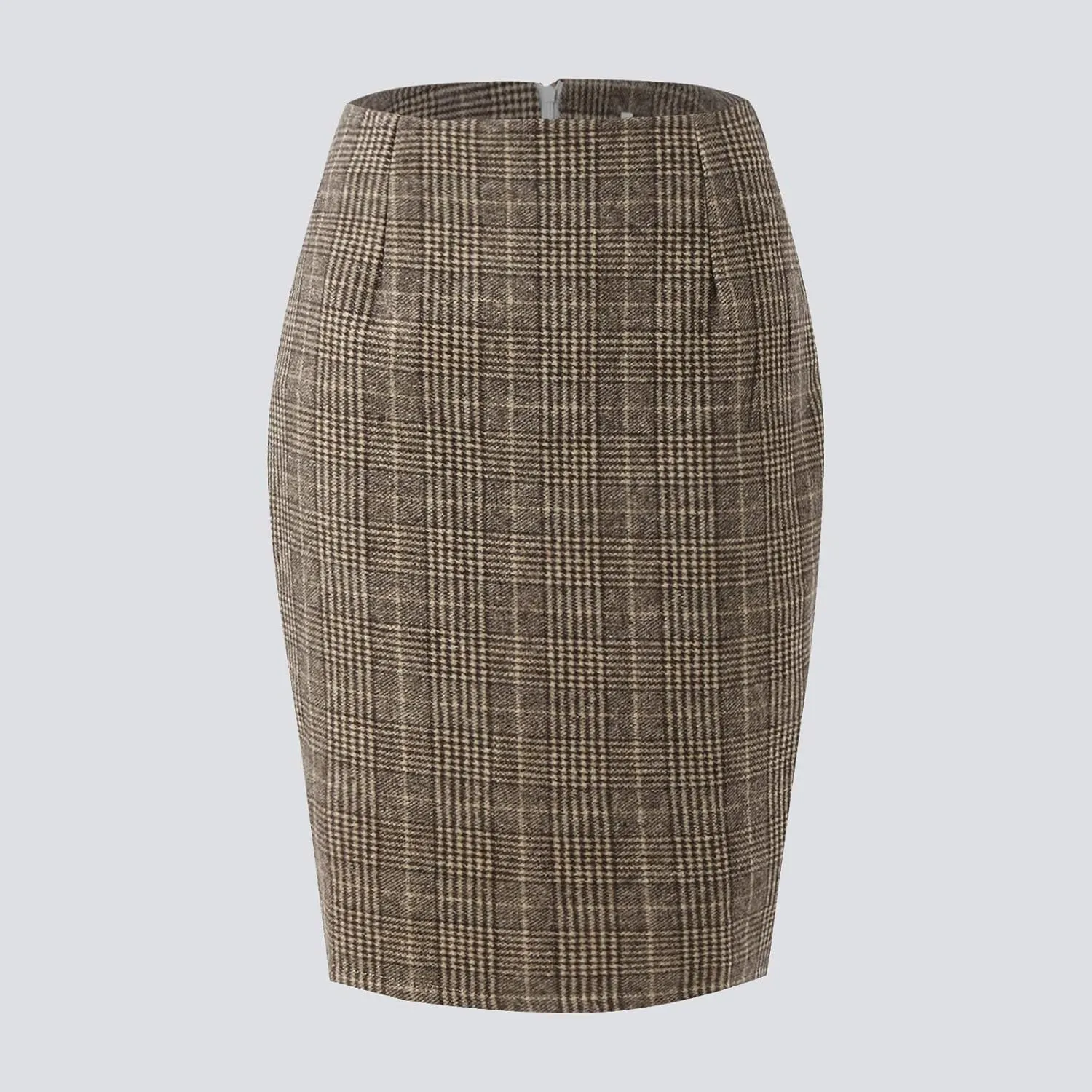Women's Elegant High Waist Plaid Slit Brushed Wool Bodycon Pencil Midi Skirt
