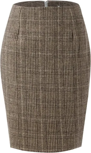 Women's Elegant High Waist Plaid Slit Brushed Wool Bodycon Pencil Midi Skirt