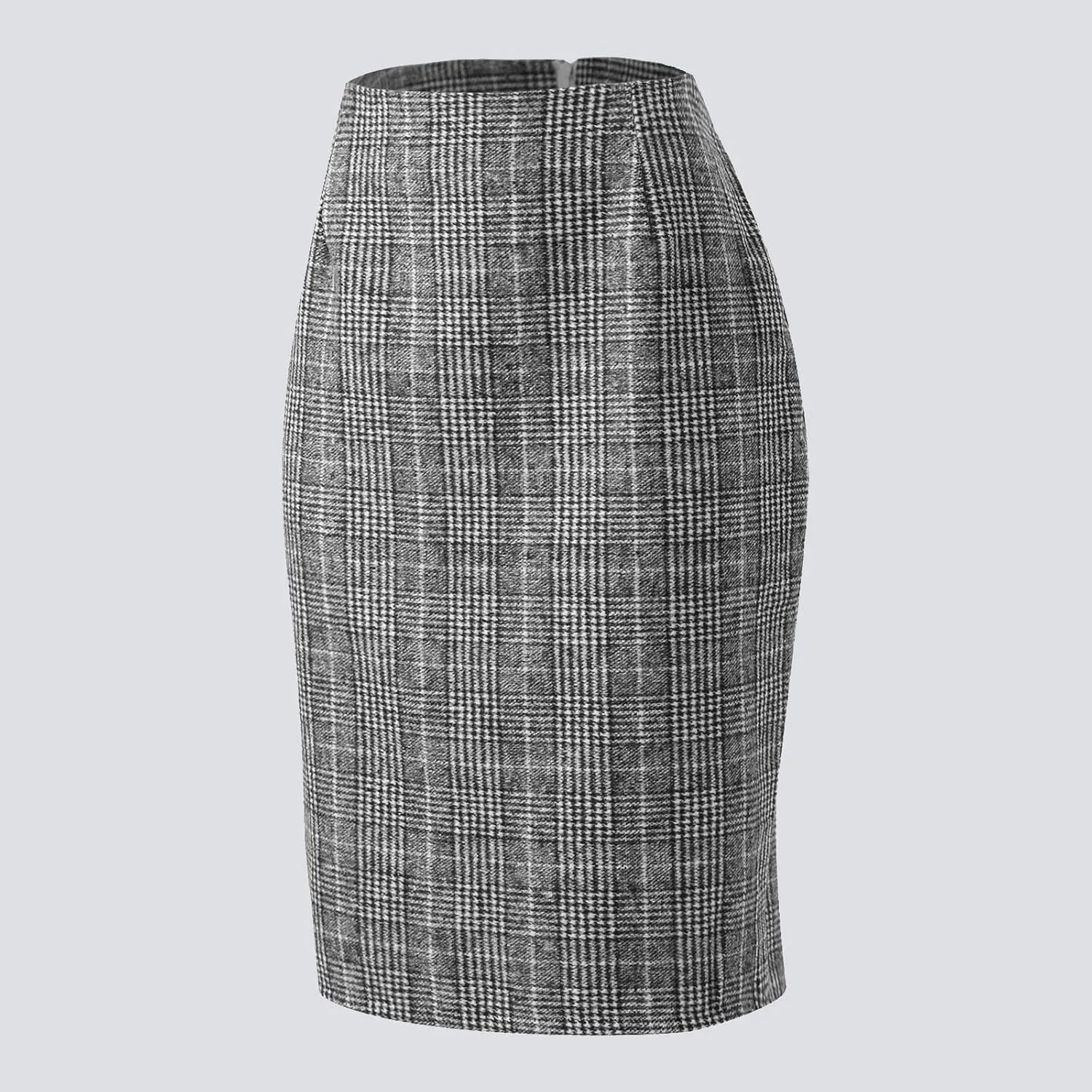 Women's Elegant High Waist Plaid Slit Brushed Wool Bodycon Pencil Midi Skirt