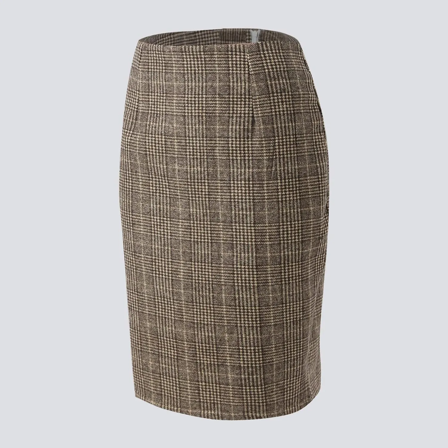 Women's Elegant High Waist Plaid Slit Brushed Wool Bodycon Pencil Midi Skirt