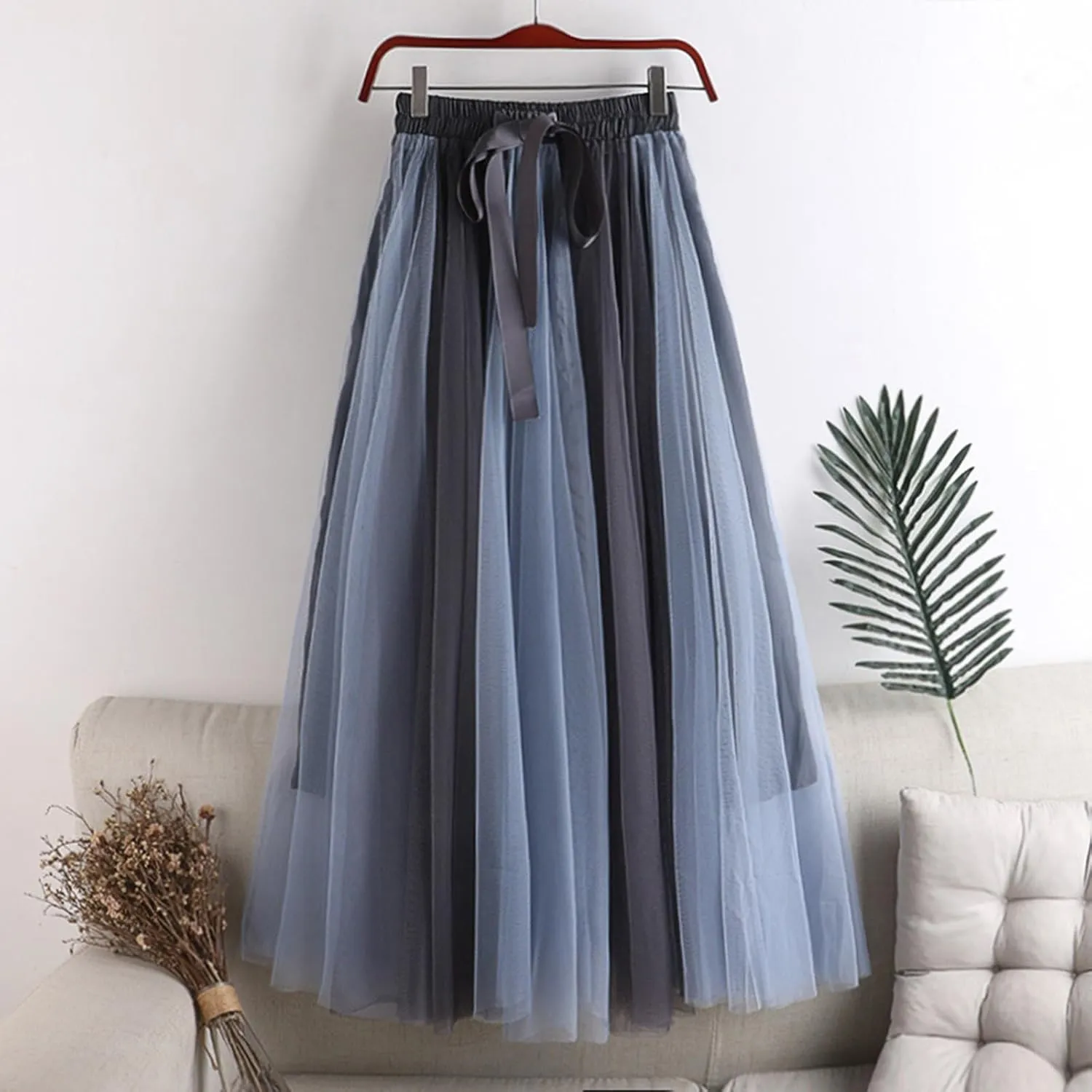 Women's Flowy Tulle Pleated Skirt Cute Bowtie High Waist Midi Length Skirts Color Block Tutu Skirt
