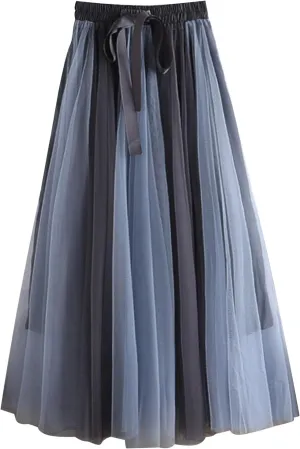 Women's Flowy Tulle Pleated Skirt Cute Bowtie High Waist Midi Length Skirts Color Block Tutu Skirt