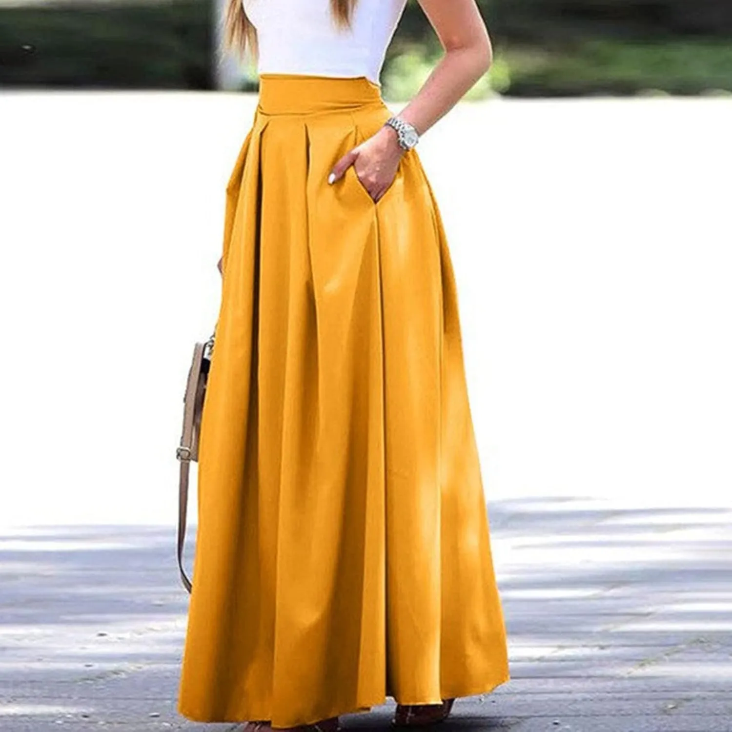 Women's Large Solid Color Pocket High Waist Ol Half Skirt Pleated Skirt Maternity Skirt