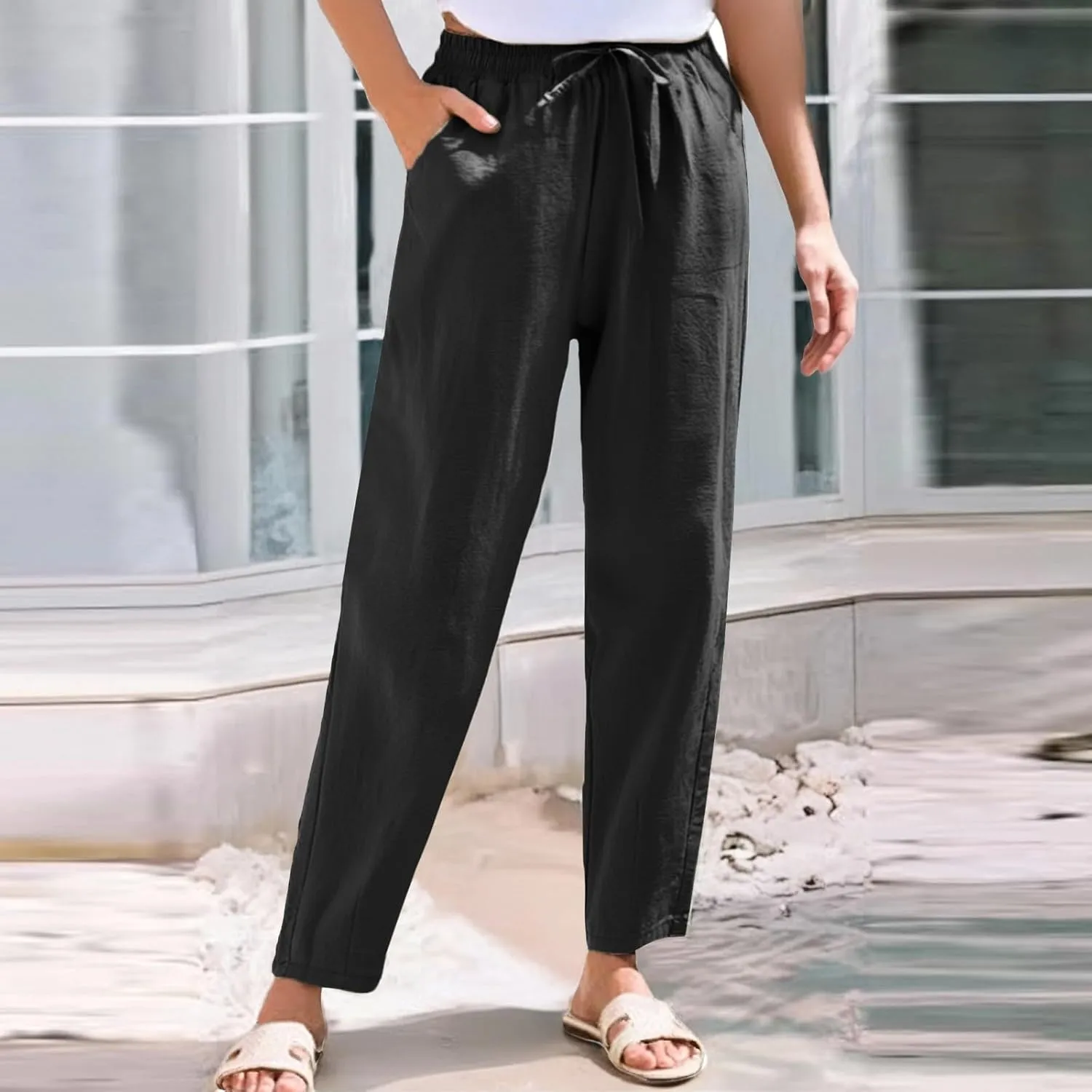 Womens Linen Pants Straight Leg Beach Palazzo Pants Casual Elastic Drawstring Waist Boho Lounge Pants with Pockets