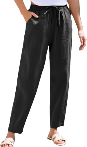 Womens Linen Pants Straight Leg Beach Palazzo Pants Casual Elastic Drawstring Waist Boho Lounge Pants with Pockets