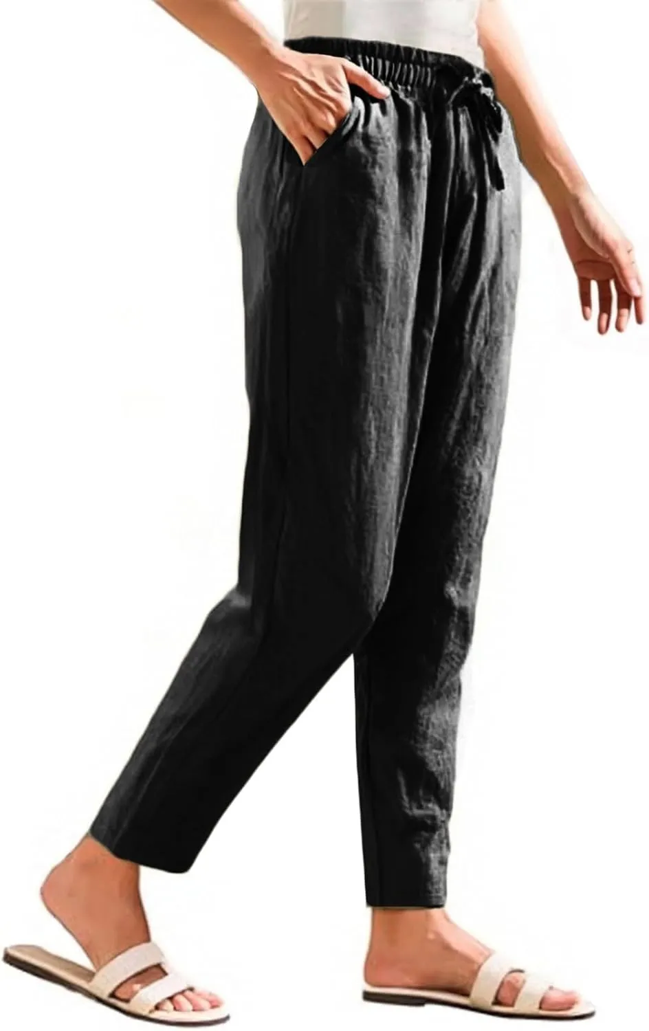Womens Linen Pants Straight Leg Beach Palazzo Pants Casual Elastic Drawstring Waist Boho Lounge Pants with Pockets