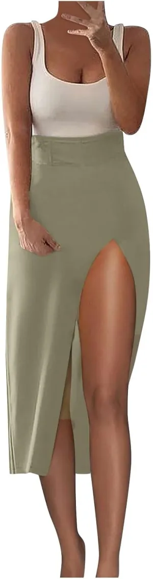 Women's Summer Casual Sexy High Waist Solid Irregular Split Beach Midi Skirt
