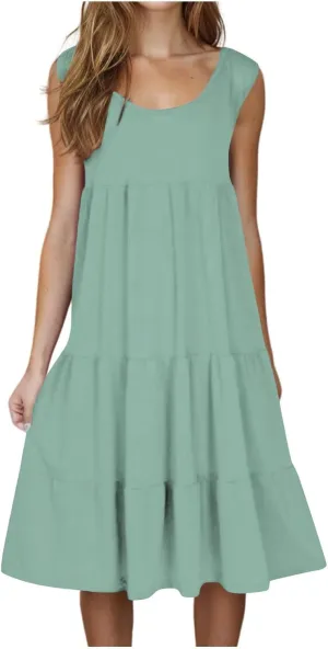 XUNRYAN Womens Tank Dresses Casual Sleeveless Tunic Summer Midi Dress Calf Length Tiered Ruffle Beach Coverup Vacation Outfit