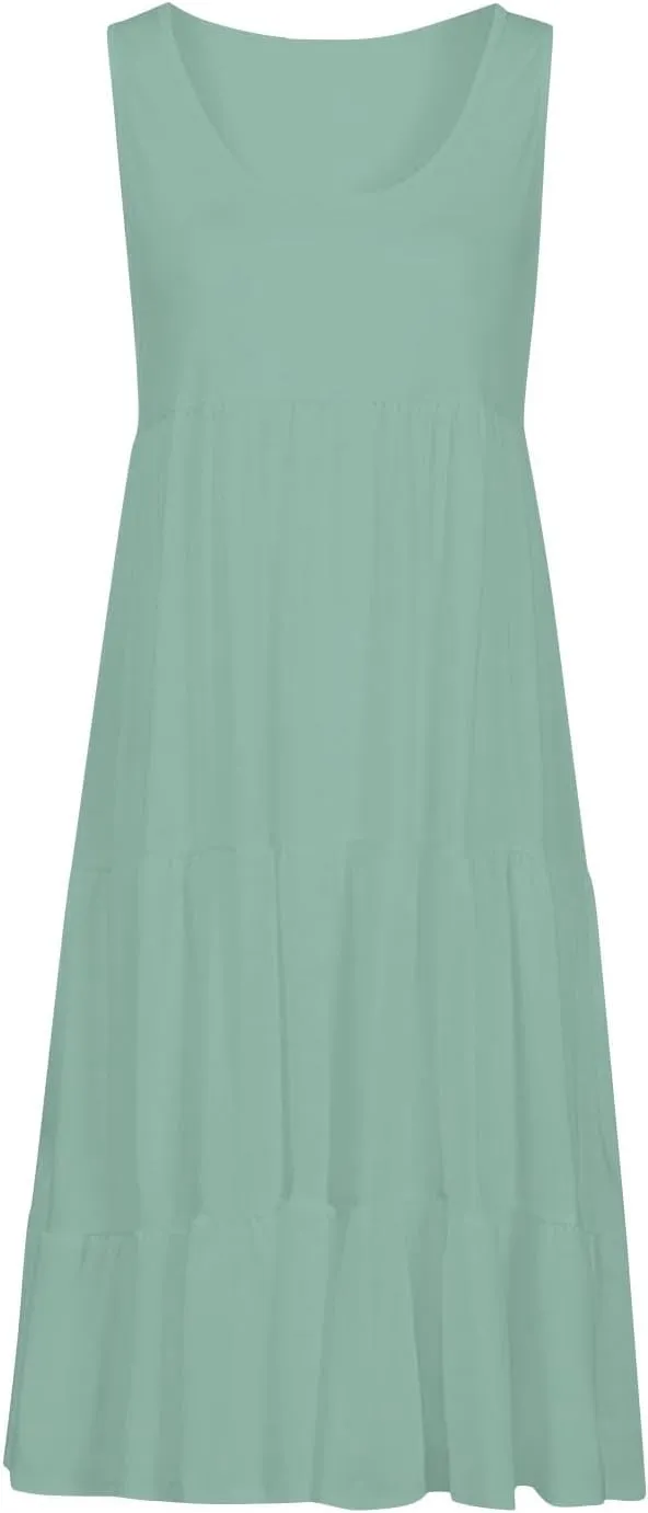 XUNRYAN Womens Tank Dresses Casual Sleeveless Tunic Summer Midi Dress Calf Length Tiered Ruffle Beach Coverup Vacation Outfit