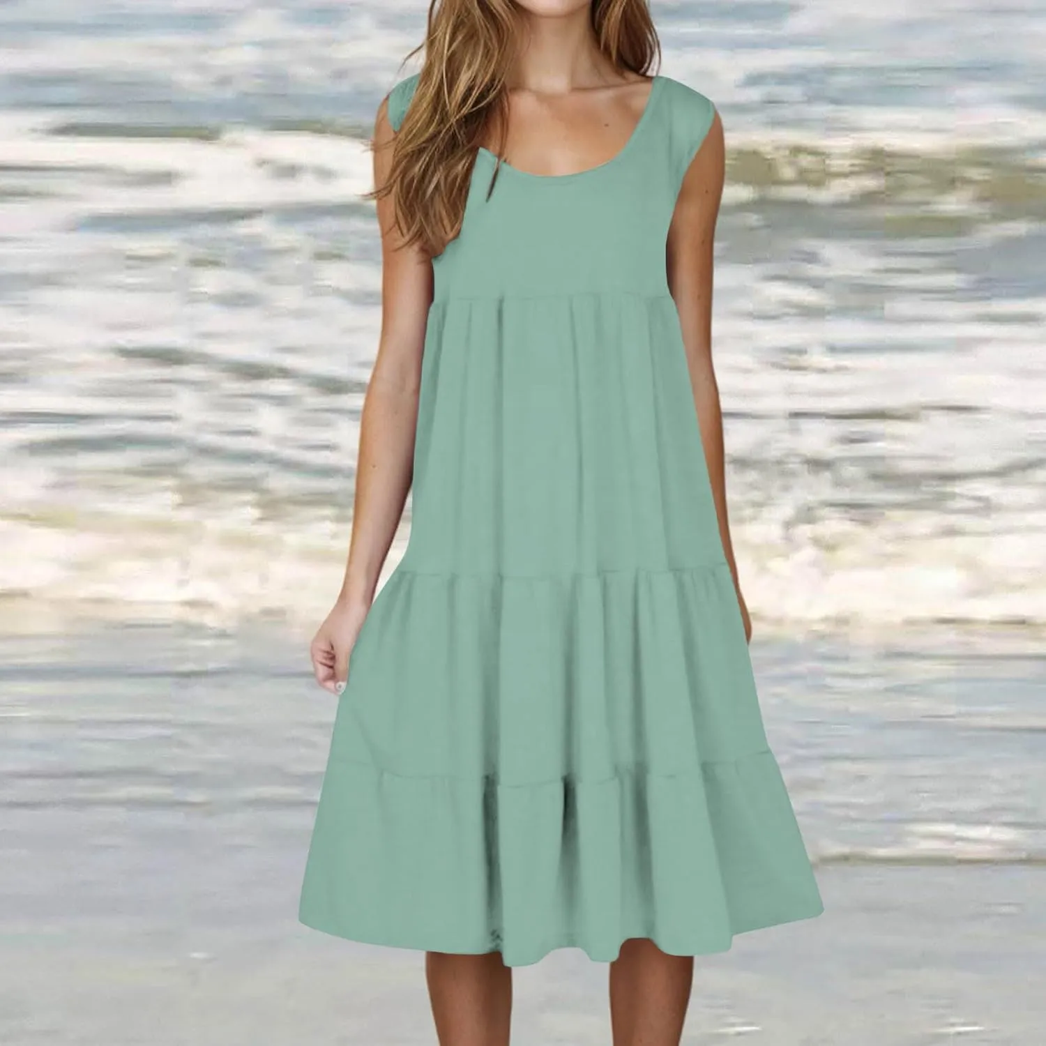 XUNRYAN Womens Tank Dresses Casual Sleeveless Tunic Summer Midi Dress Calf Length Tiered Ruffle Beach Coverup Vacation Outfit