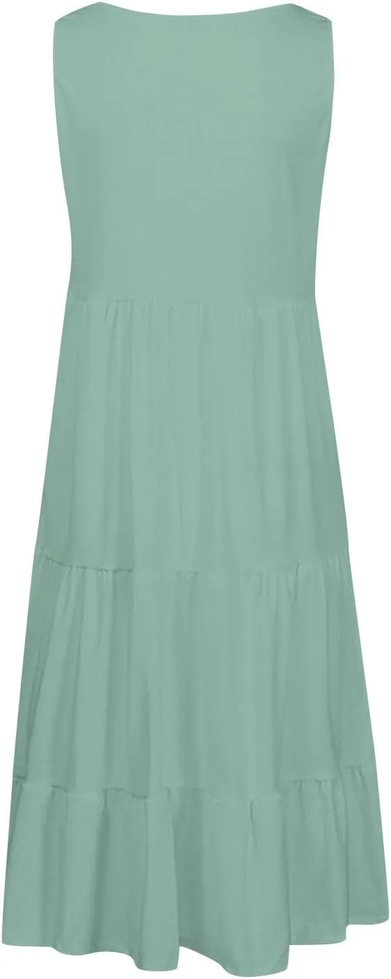 XUNRYAN Womens Tank Dresses Casual Sleeveless Tunic Summer Midi Dress Calf Length Tiered Ruffle Beach Coverup Vacation Outfit