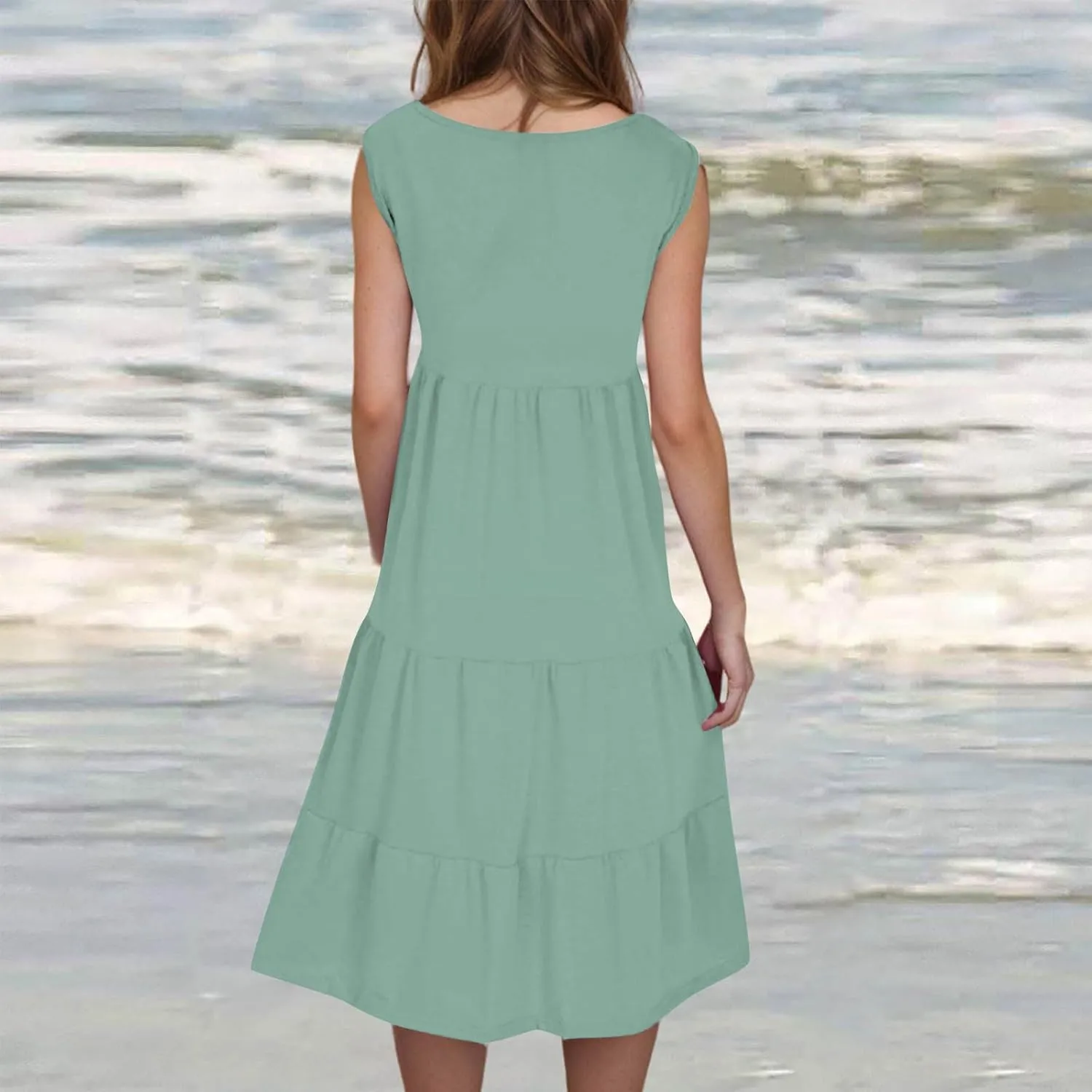 XUNRYAN Womens Tank Dresses Casual Sleeveless Tunic Summer Midi Dress Calf Length Tiered Ruffle Beach Coverup Vacation Outfit