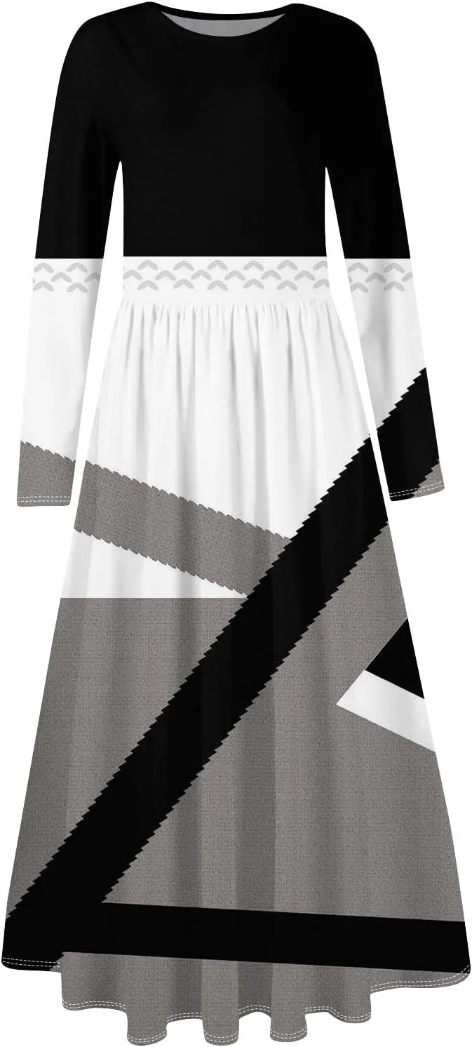 ZEFOTIM Long Sleeve Dress for Women Floral Graphic Dresses with Pockets Long Dresses Crewneck Dress Summer Spring Dress