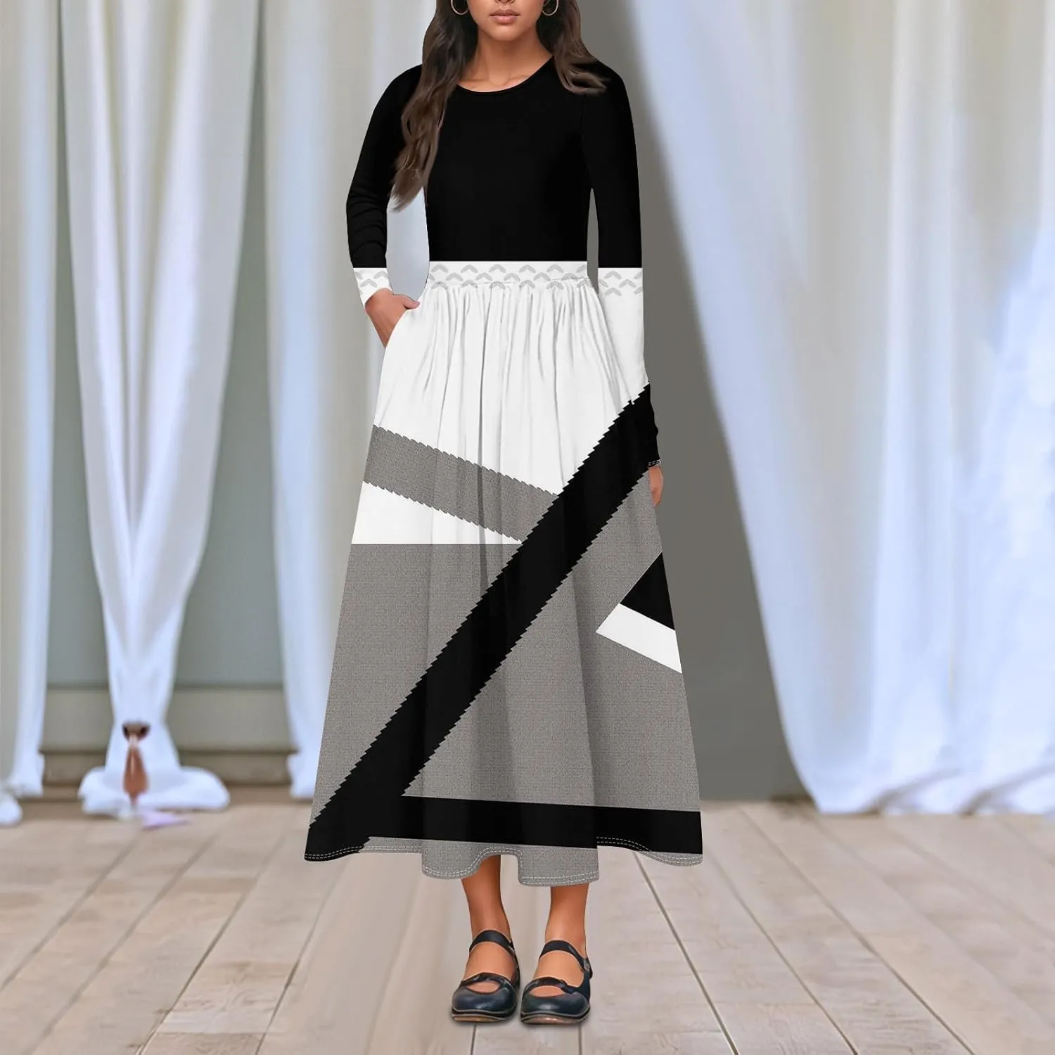 ZEFOTIM Long Sleeve Dress for Women Floral Graphic Dresses with Pockets Long Dresses Crewneck Dress Summer Spring Dress