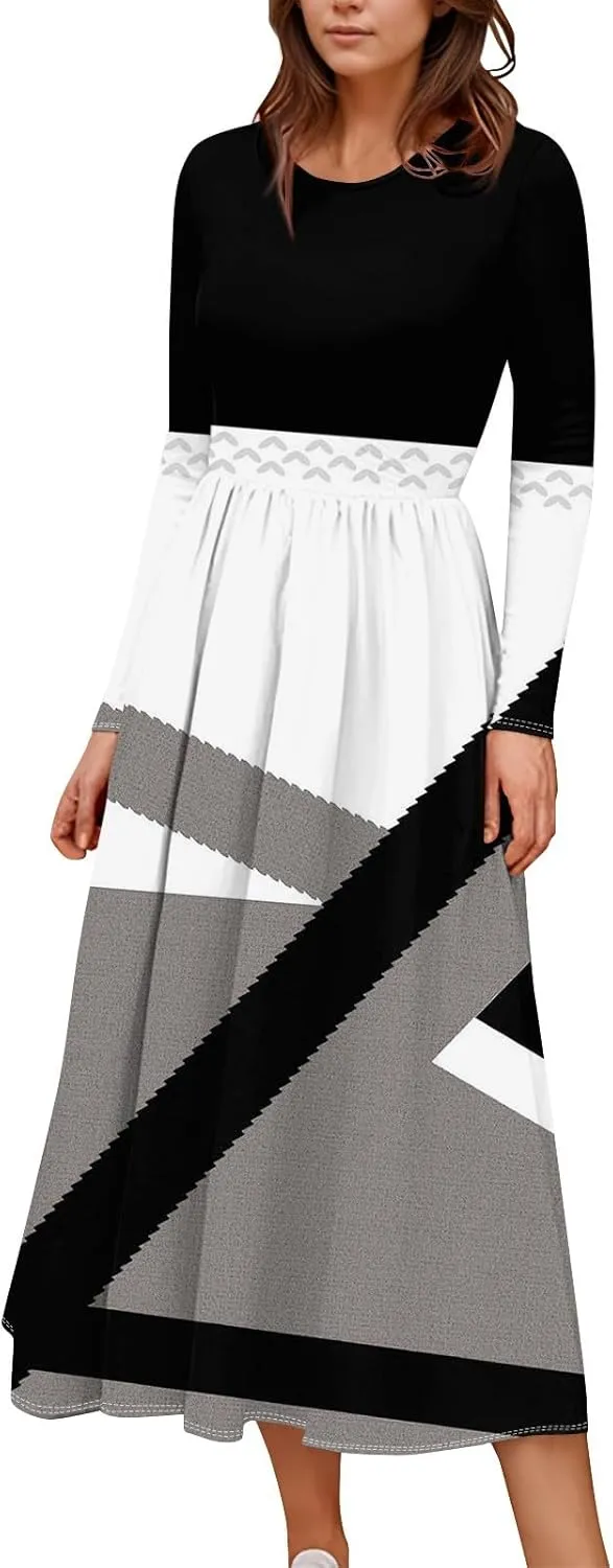 ZEFOTIM Long Sleeve Dress for Women Floral Graphic Dresses with Pockets Long Dresses Crewneck Dress Summer Spring Dress
