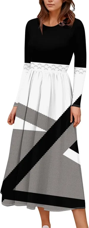 ZEFOTIM Long Sleeve Dress for Women Floral Graphic Dresses with Pockets Long Dresses Crewneck Dress Summer Spring Dress