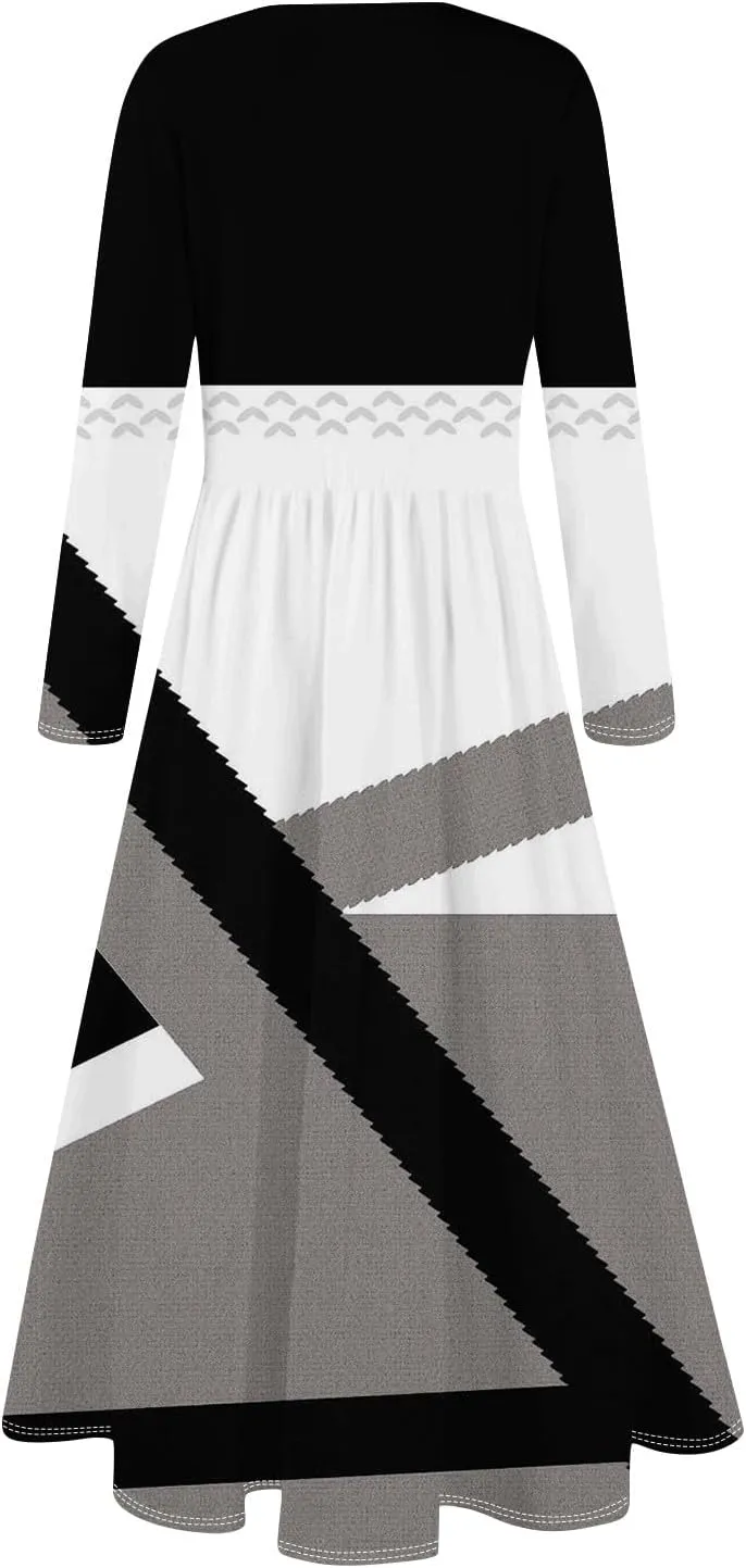 ZEFOTIM Long Sleeve Dress for Women Floral Graphic Dresses with Pockets Long Dresses Crewneck Dress Summer Spring Dress