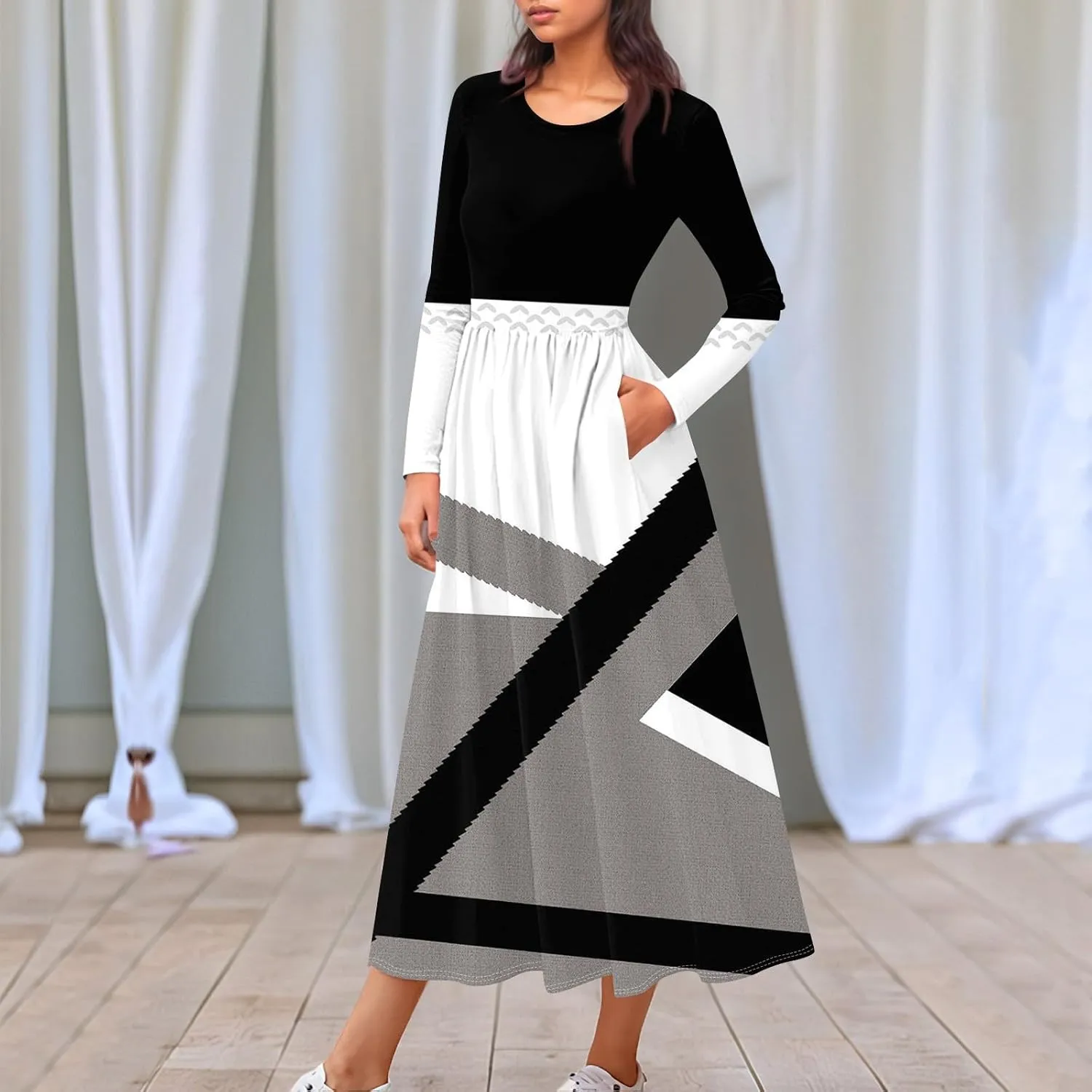 ZEFOTIM Long Sleeve Dress for Women Floral Graphic Dresses with Pockets Long Dresses Crewneck Dress Summer Spring Dress
